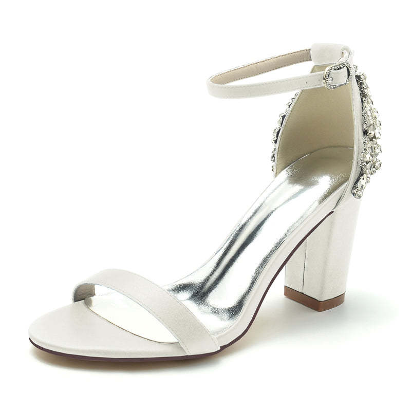 Bridal Shoes for Women with Open Toe Chunky Heel and Buckle Featuring Patterned Crystal Design