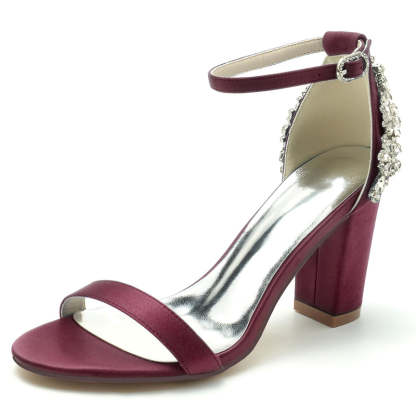 Bridal Shoes for Women with Open Toe Chunky Heel and Buckle Featuring Patterned Crystal Design