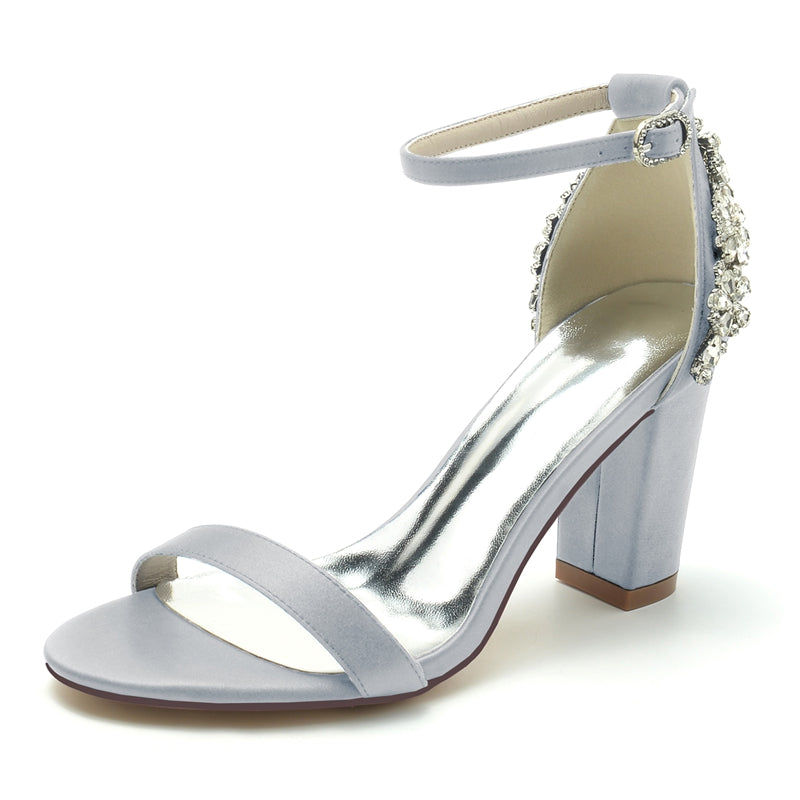 Bridal Shoes for Women with Open Toe Chunky Heel and Buckle Featuring Patterned Crystal Design