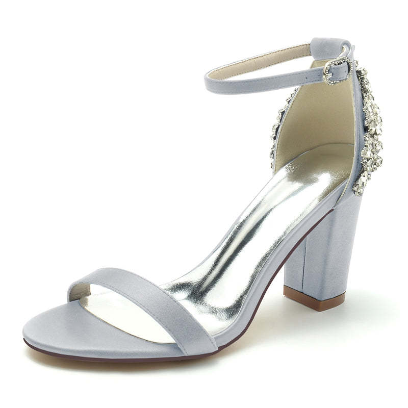 Bridal Shoes for Women with Open Toe Chunky Heel and Buckle Featuring Patterned Crystal Design