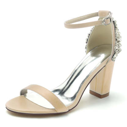 Bridal Shoes for Women with Open Toe Chunky Heel and Buckle Featuring Patterned Crystal Design