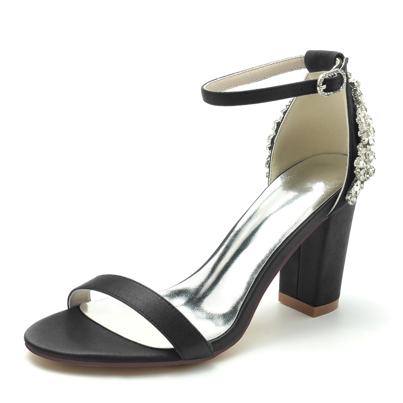 Bridal Shoes for Women with Open Toe Chunky Heel and Buckle Featuring Patterned Crystal Design