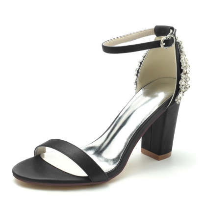 Bridal Shoes for Women with Open Toe Chunky Heel and Buckle Featuring Patterned Crystal Design