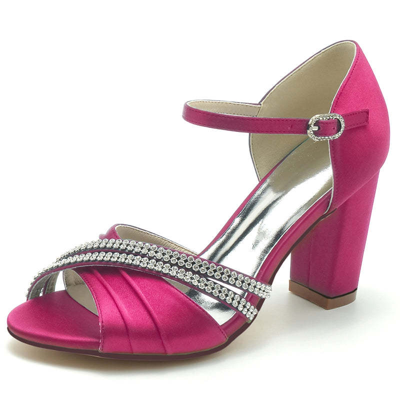 Bridal High Heel Shoes for Women with Double Rhinestone Rows and Open Toe