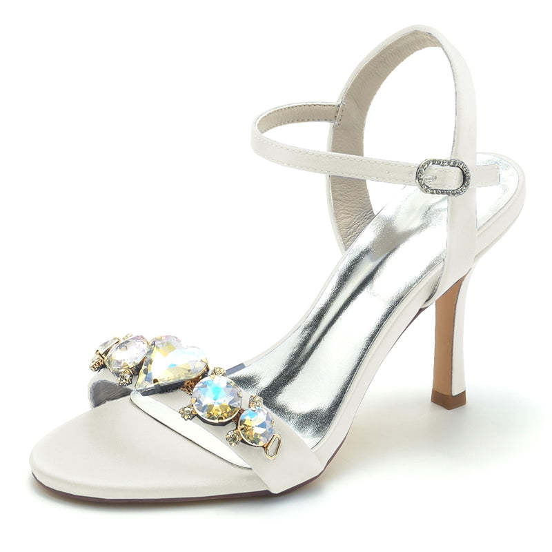 Bridal Shoes for Women with Rhinestone Buckle and Stiletto Heel Open Toe