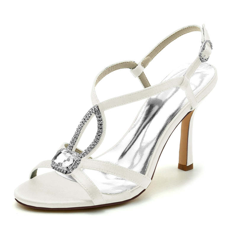 Bridal Shoes for Women with Rhinestone Straps and Buckle High Heel Open Toe Square