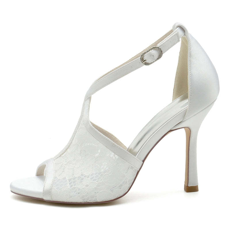 Bridal Shoes for Women with Peep Toe Lace Enclosure and Buckle Heel