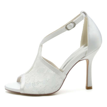 Bridal Shoes for Women with Peep Toe Lace Enclosure and Buckle Heel