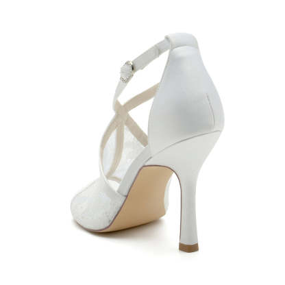 Bridal Shoes for Women with Peep Toe Lace Enclosure and Buckle Heel