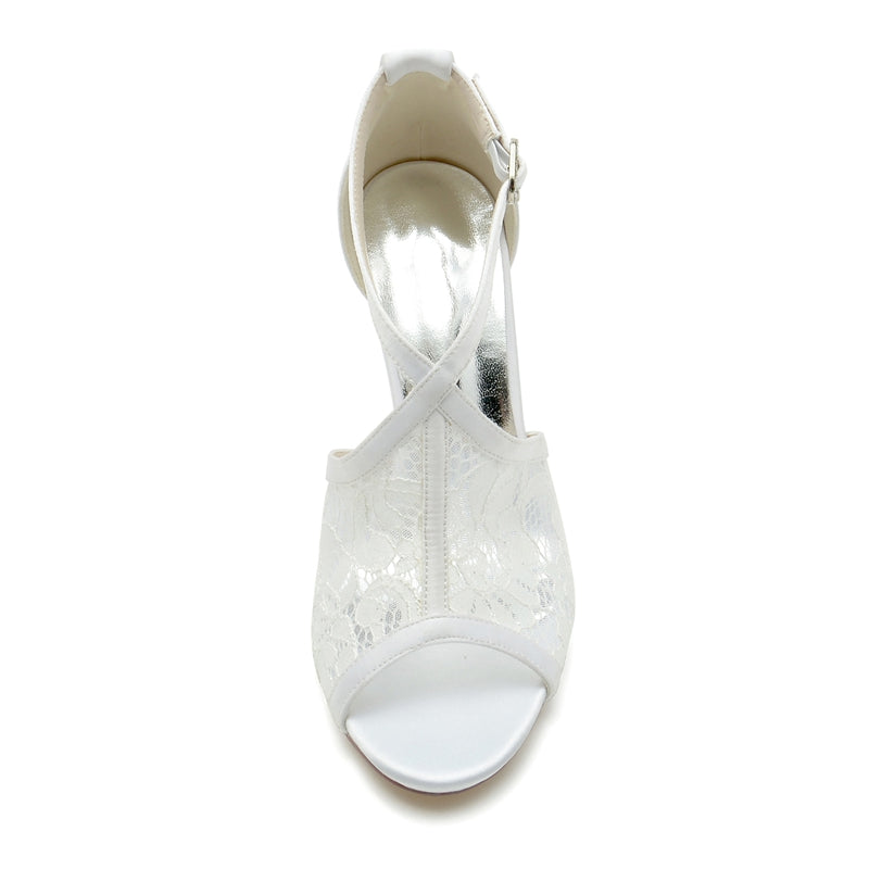 Bridal Shoes for Women with Peep Toe Lace Enclosure and Buckle Heel