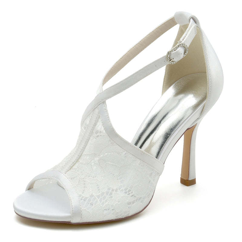 Bridal Shoes for Women with Peep Toe Lace Enclosure and Buckle Heel