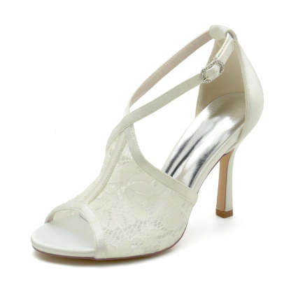 Bridal Shoes for Women with Peep Toe Lace Enclosure and Buckle Heel