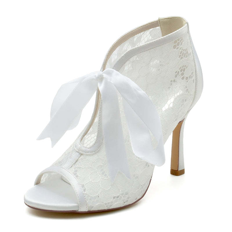 Bridal Lace Stiletto Heels with Bow Straps for Women