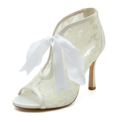 Bridal Lace Stiletto Heels with Bow Straps for Women