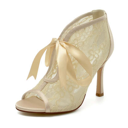 Bridal Lace Stiletto Heels with Bow Straps for Women