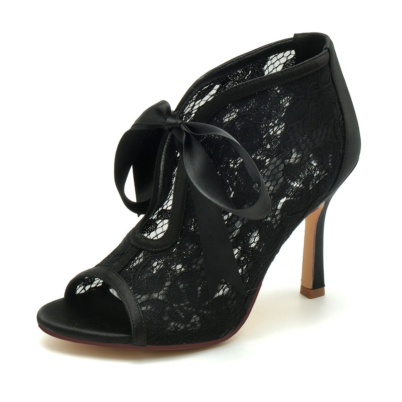 Bridal Lace Stiletto Heels with Bow Straps for Women