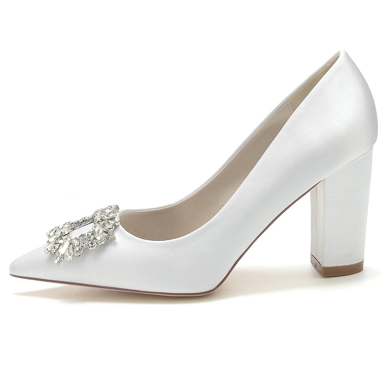 Bridal Shoes for Women with Square Rhinestones Pointed Toe and Block Heel