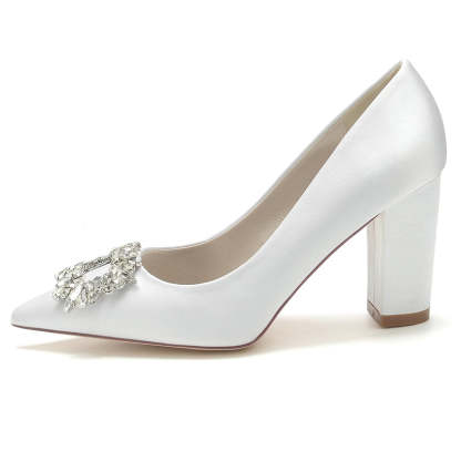 Bridal Shoes for Women with Square Rhinestones Pointed Toe and Block Heel