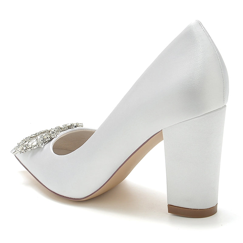 Bridal Shoes for Women with Square Rhinestones Pointed Toe and Block Heel