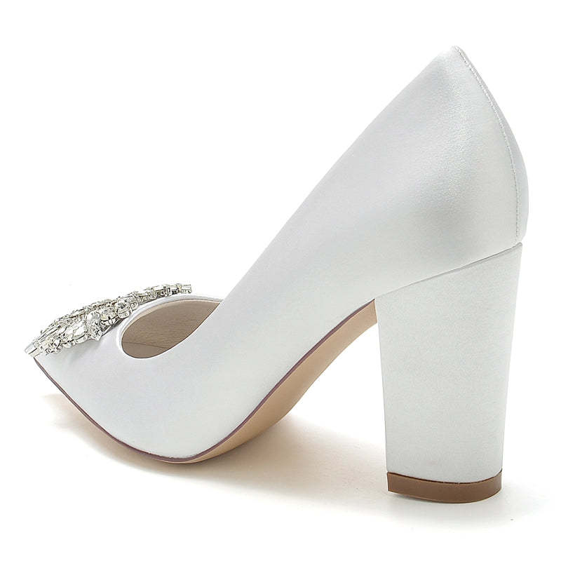 Bridal Shoes for Women with Square Rhinestones Pointed Toe and Block Heel