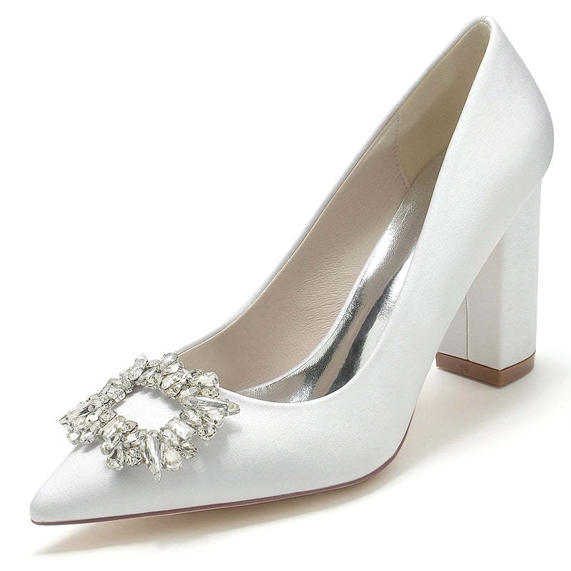 Bridal Shoes for Women with Square Rhinestones Pointed Toe and Block Heel