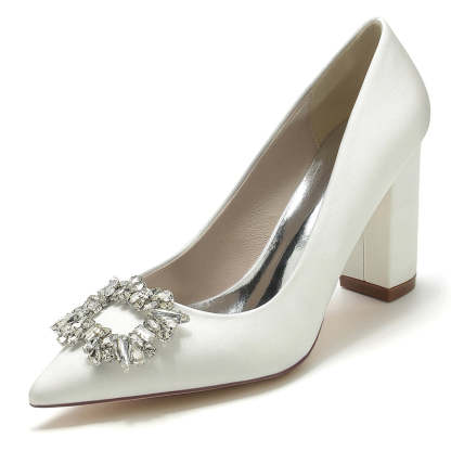 Bridal Shoes for Women with Square Rhinestones Pointed Toe and Block Heel