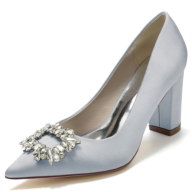 Bridal Shoes for Women with Square Rhinestones Pointed Toe and Block Heel
