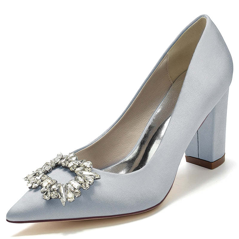 Bridal Shoes for Women with Square Rhinestones Pointed Toe and Block Heel