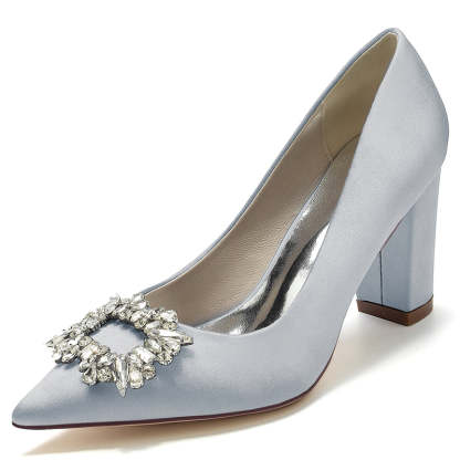 Bridal Shoes for Women with Square Rhinestones Pointed Toe and Block Heel