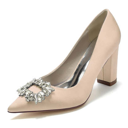 Bridal Shoes for Women with Square Rhinestones Pointed Toe and Block Heel