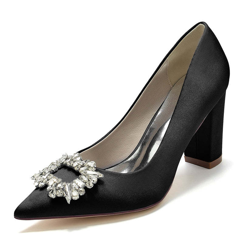 Bridal Shoes for Women with Square Rhinestones Pointed Toe and Block Heel