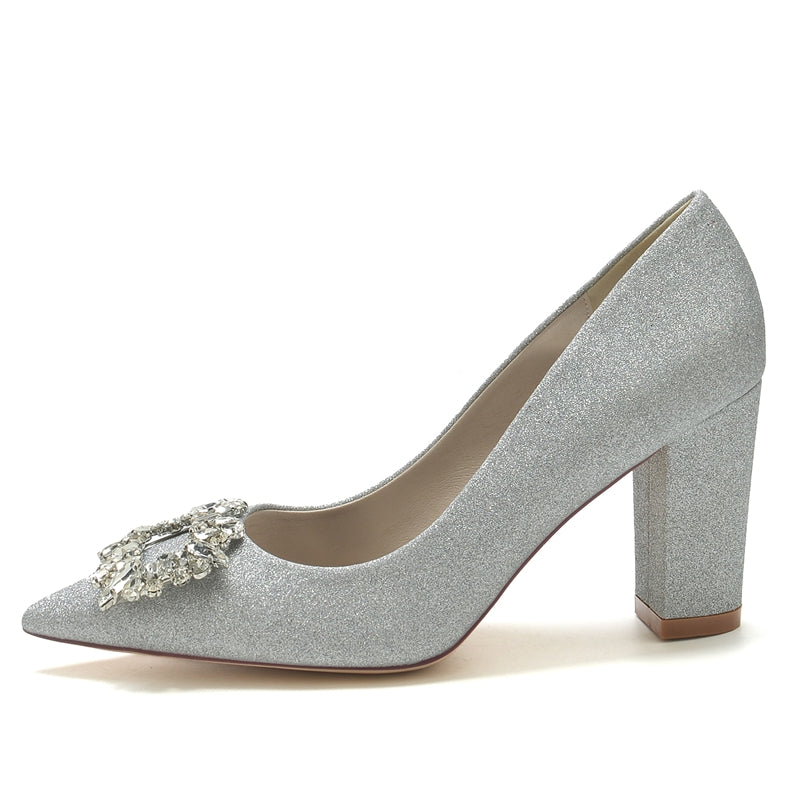 Elegant Bridal Shoes for Women: Pointed Toe High Heel with Square Rhinestone