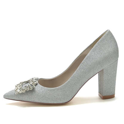 Elegant Bridal Shoes for Women: Pointed Toe High Heel with Square Rhinestone
