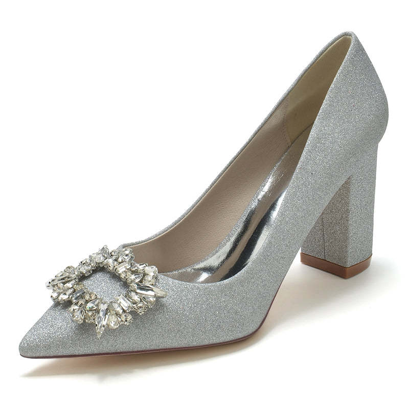 Elegant Bridal Shoes for Women: Pointed Toe High Heel with Square Rhinestone