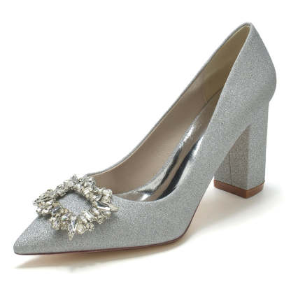 Elegant Bridal Shoes for Women: Pointed Toe High Heel with Square Rhinestone