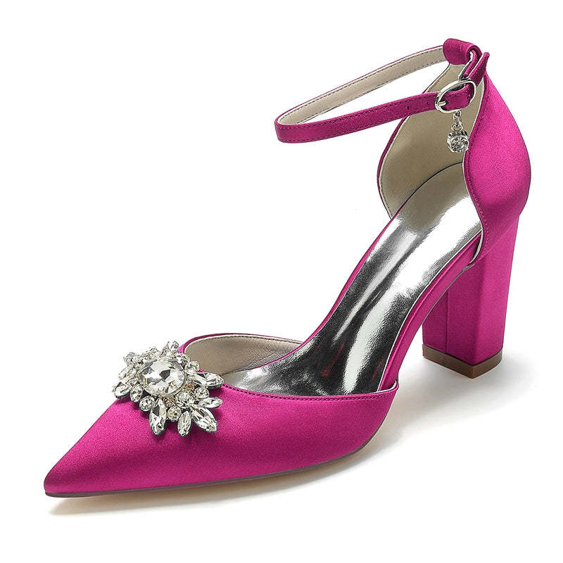 Bridal Shoes for Women with Sparkling Rhinestone Buckle and Chunky Heel