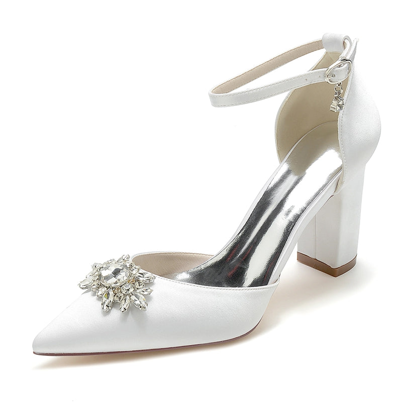 Bridal Shoes for Women with Sparkling Rhinestone Buckle and Chunky Heel