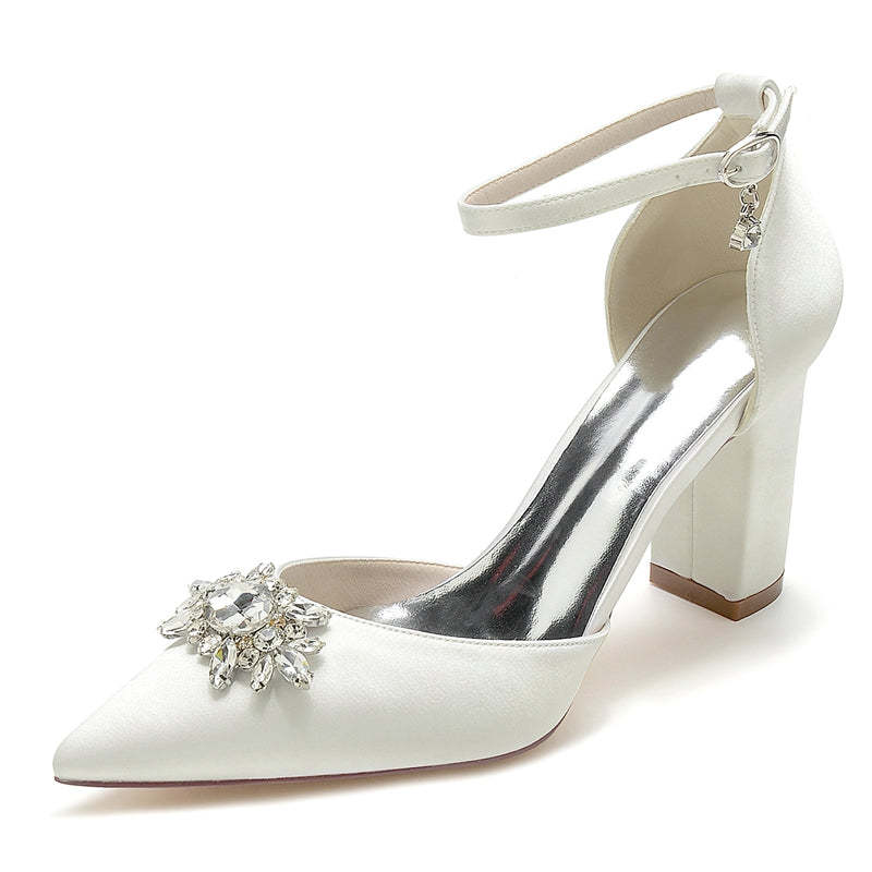 Bridal Shoes for Women with Sparkling Rhinestone Buckle and Chunky Heel