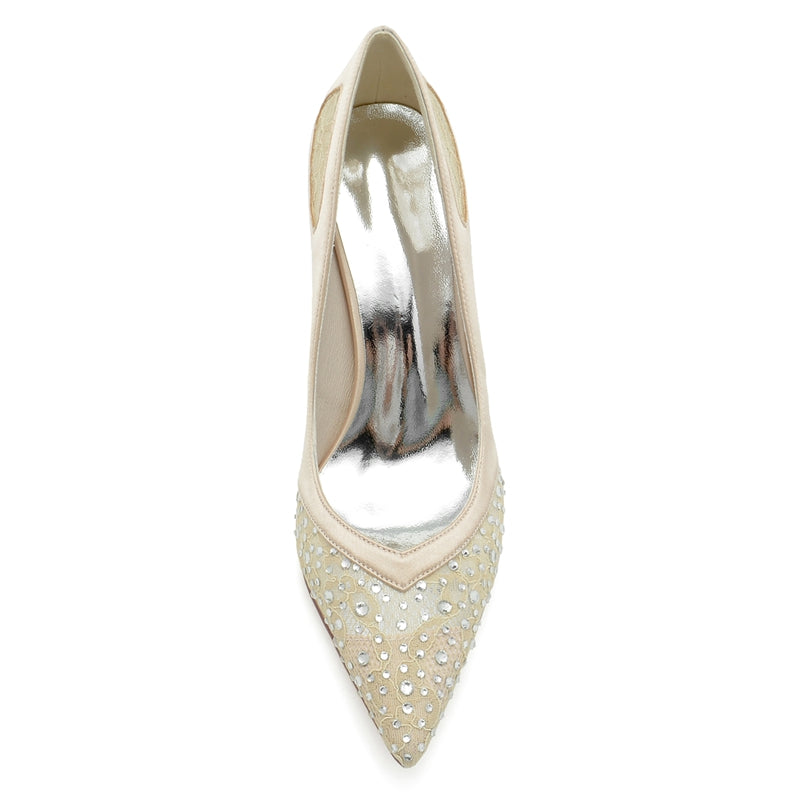 Bridal Shoes for Women with Lace and Crystals Pointed Toe and Block Heel