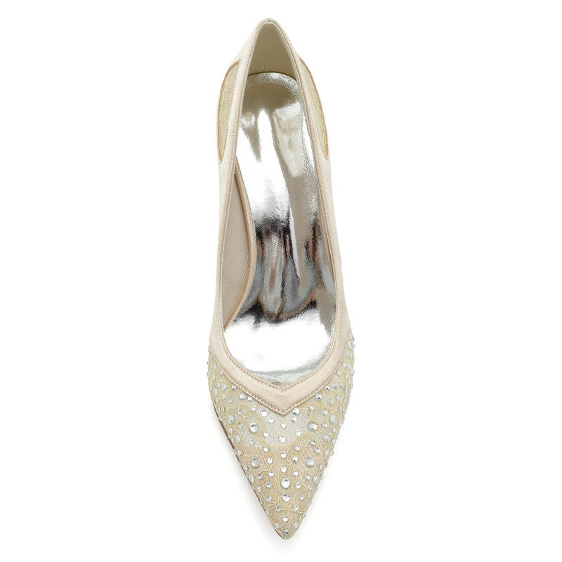Bridal Shoes for Women with Lace and Crystals Pointed Toe and Block Heel