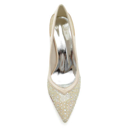 Bridal Shoes for Women with Lace and Crystals Pointed Toe and Block Heel