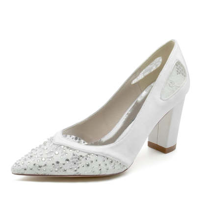Bridal Shoes for Women with Lace and Crystals Pointed Toe and Block Heel