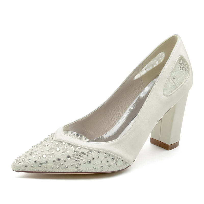 Bridal Shoes for Women with Lace and Crystals Pointed Toe and Block Heel