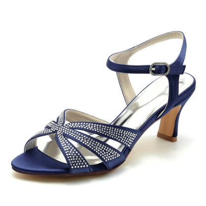 Bridal Shoes for Women with Rhinestone Straps and Buckle Mid Heel Open Toe
