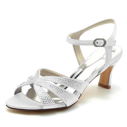 Bridal Shoes for Women with Rhinestone Straps and Buckle Mid Heel Open Toe