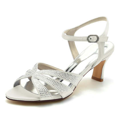 Bridal Shoes for Women with Rhinestone Straps and Buckle Mid Heel Open Toe