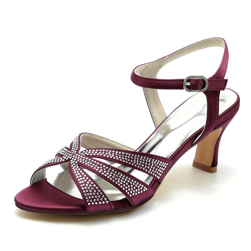 Bridal Shoes for Women with Rhinestone Straps and Buckle Mid Heel Open Toe