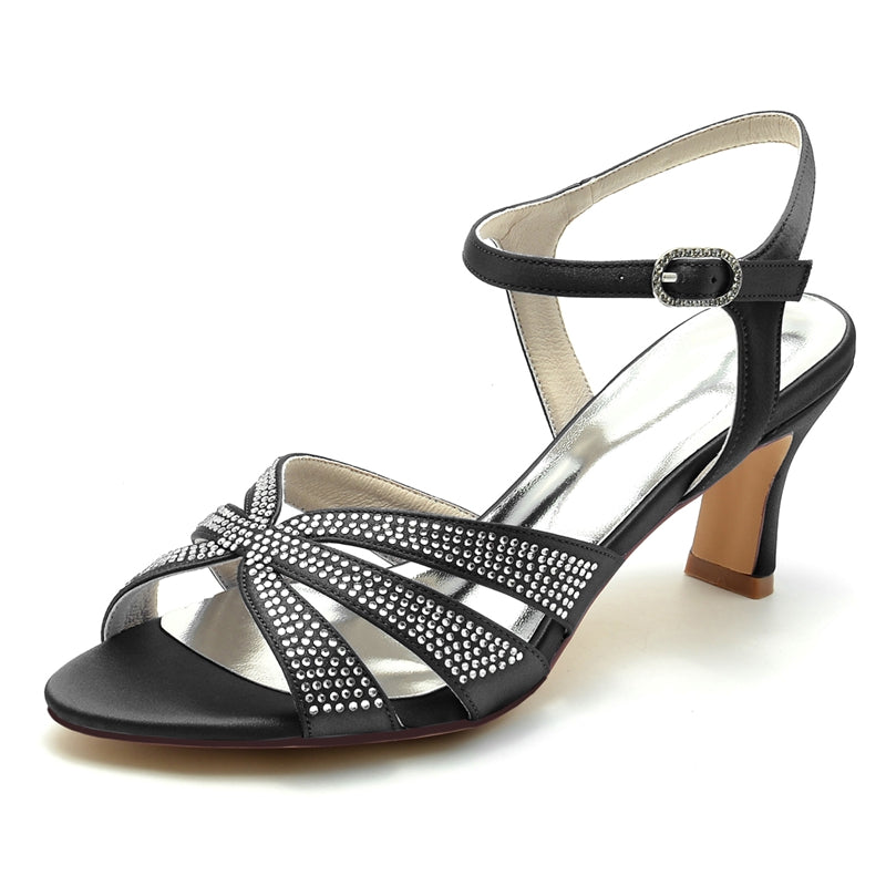 Bridal Shoes for Women with Rhinestone Straps and Buckle Mid Heel Open Toe