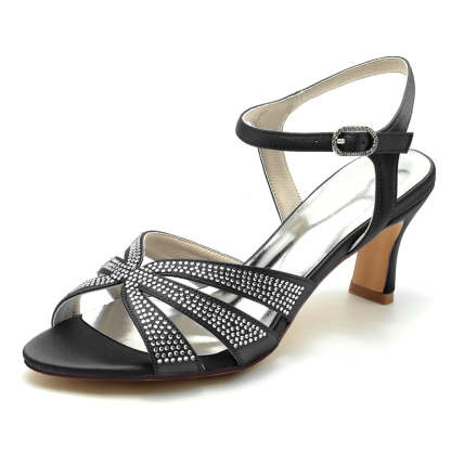 Bridal Shoes for Women with Rhinestone Straps and Buckle Mid Heel Open Toe