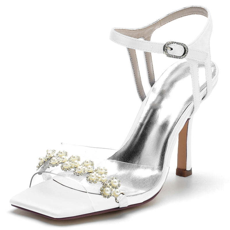 Bridal High Heel Wedding Shoes for Women with Transparent Straps and Delicate Pearl